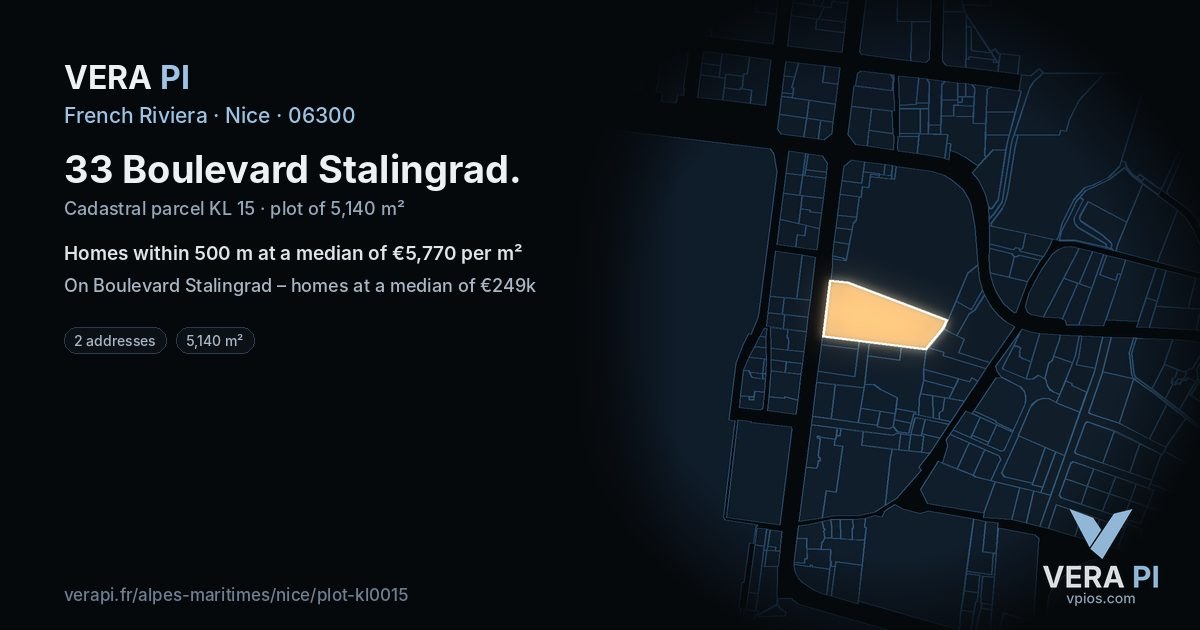 33 Boulevard Stalingrad, Nice at night – the plot lit, the parcels around coloured by the prices near them