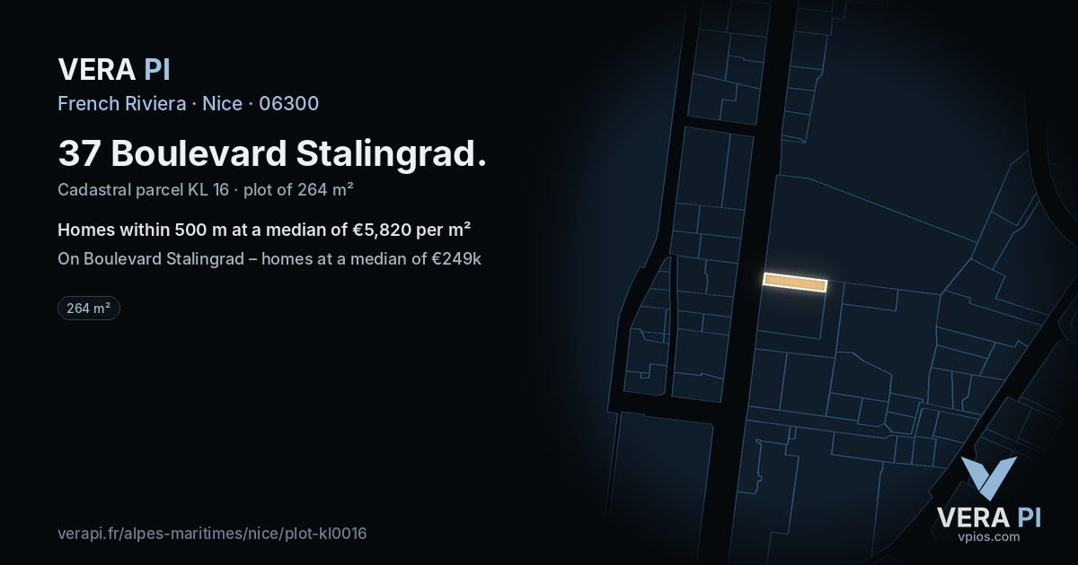 37 Boulevard Stalingrad, Nice at night – the plot lit, the parcels around coloured by the prices near them