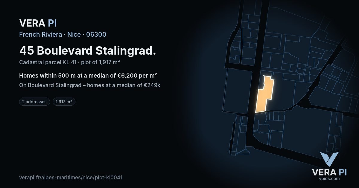 45 Boulevard Stalingrad, Nice at night – the plot lit, the parcels around coloured by the prices near them