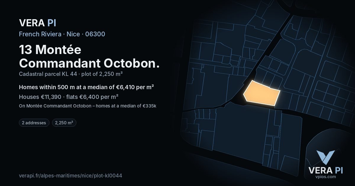 13 Montée Commandant Octobon, Nice at night – the plot lit, the parcels around coloured by the prices near them