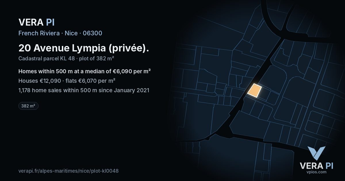20 Avenue Lympia (privée), Nice at night – the plot lit, the parcels around coloured by the prices near them