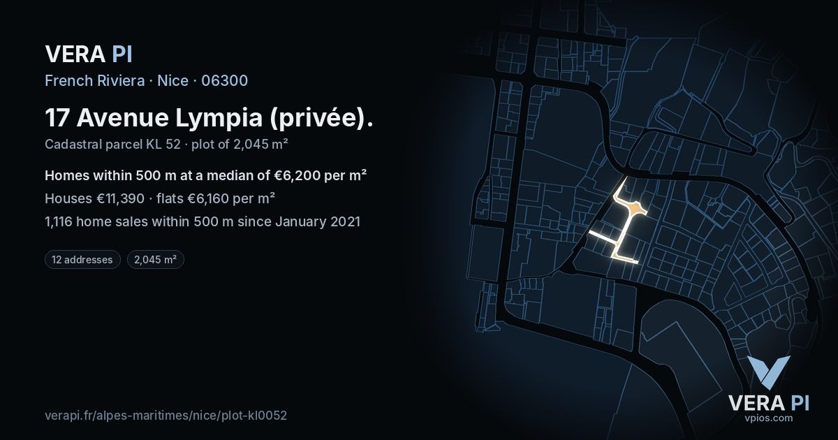 17 Avenue Lympia (privée), Nice at night – the plot lit, the parcels around coloured by the prices near them