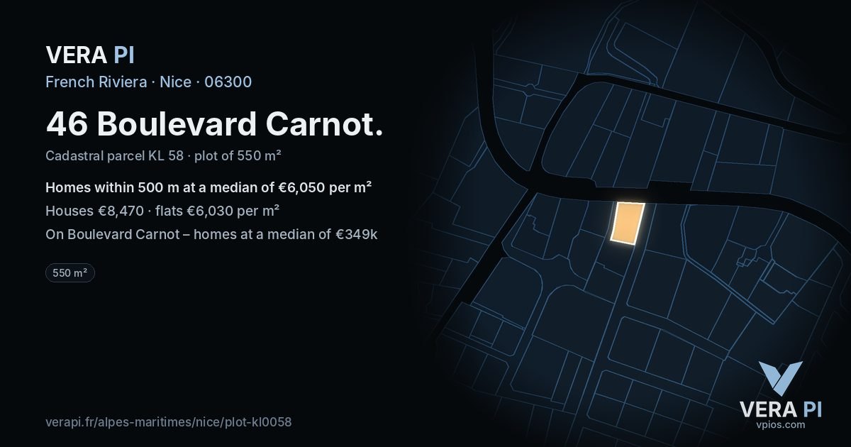 46 Boulevard Carnot, Nice at night – the plot lit, the parcels around coloured by the prices near them