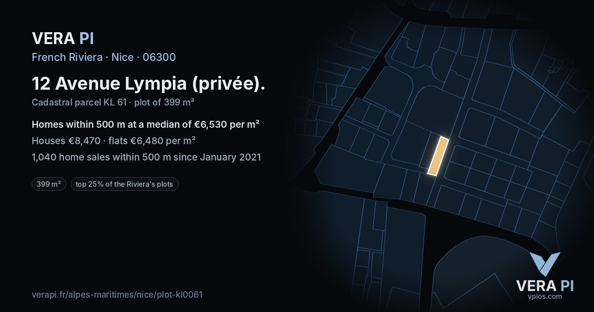 12 Avenue Lympia (privée), Nice at night – the plot lit, the parcels around coloured by the prices near them