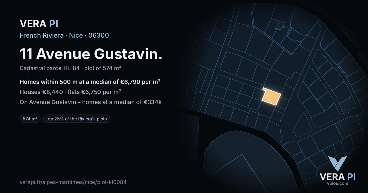 11 Avenue Gustavin, Nice at night – the plot lit, the parcels around coloured by the prices near them