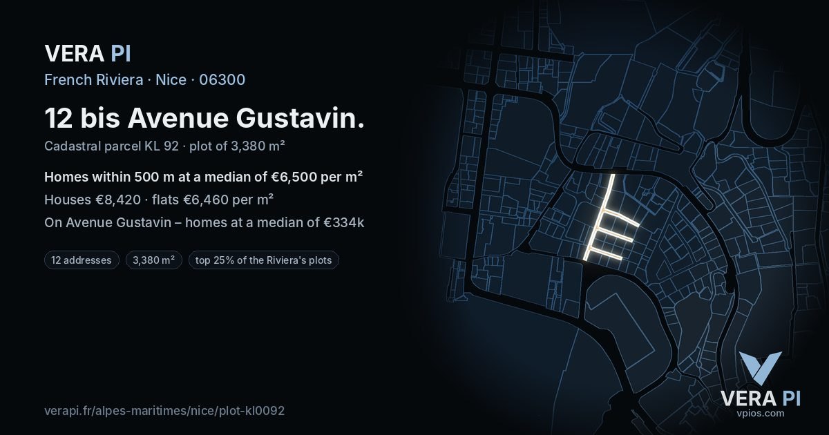 12 bis Avenue Gustavin, Nice at night – the plot lit, the parcels around coloured by the prices near them