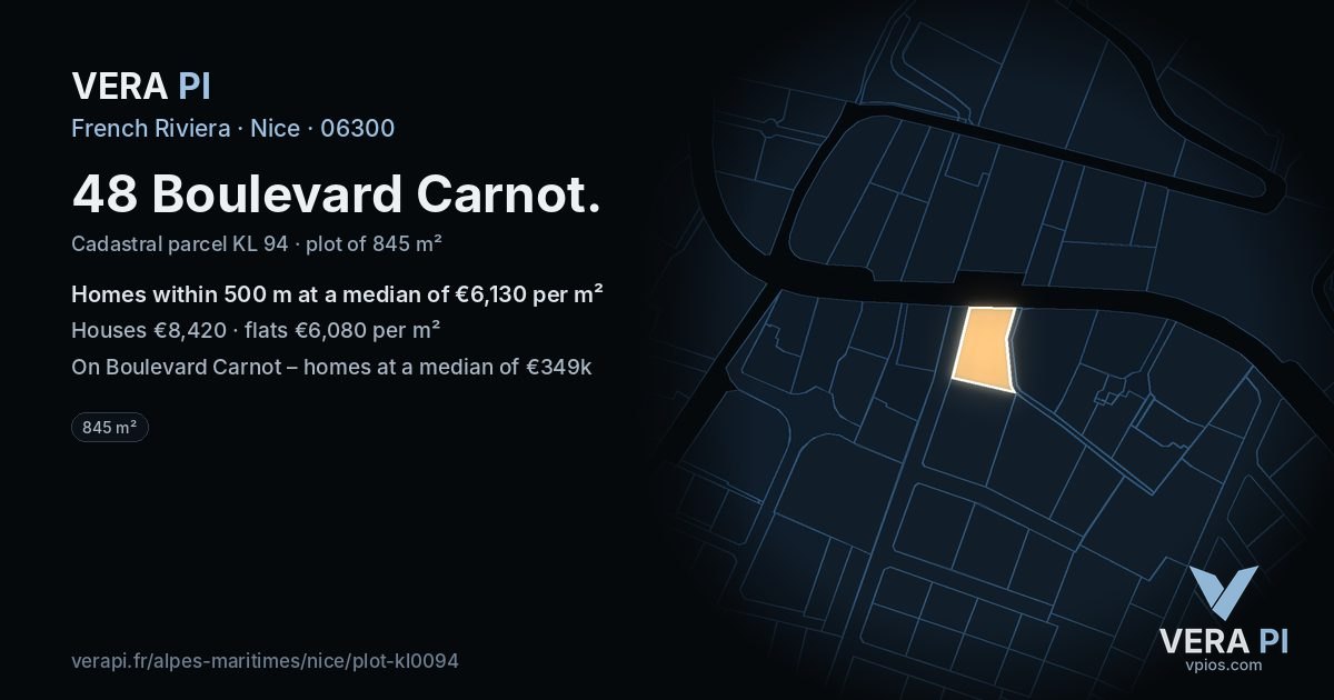 48 Boulevard Carnot, Nice at night – the plot lit, the parcels around coloured by the prices near them