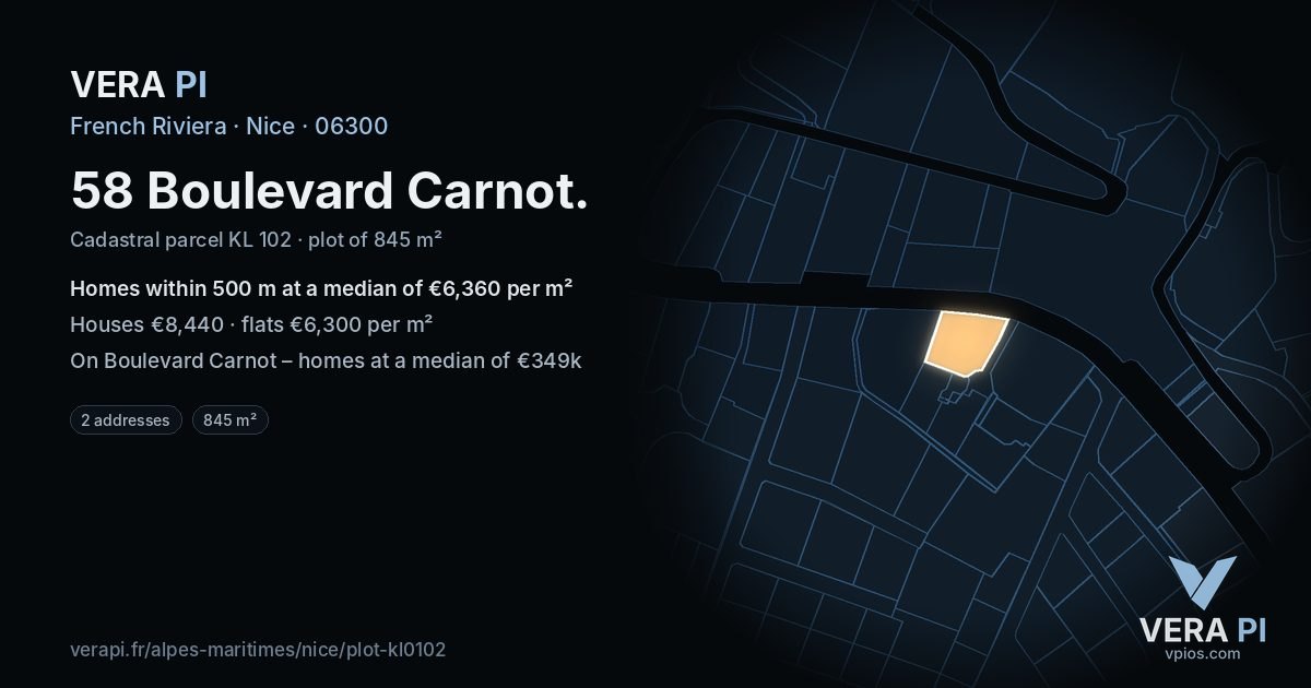 58 Boulevard Carnot, Nice at night – the plot lit, the parcels around coloured by the prices near them