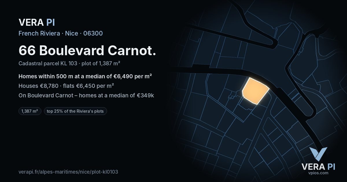 66 Boulevard Carnot, Nice at night – the plot lit, the parcels around coloured by the prices near them