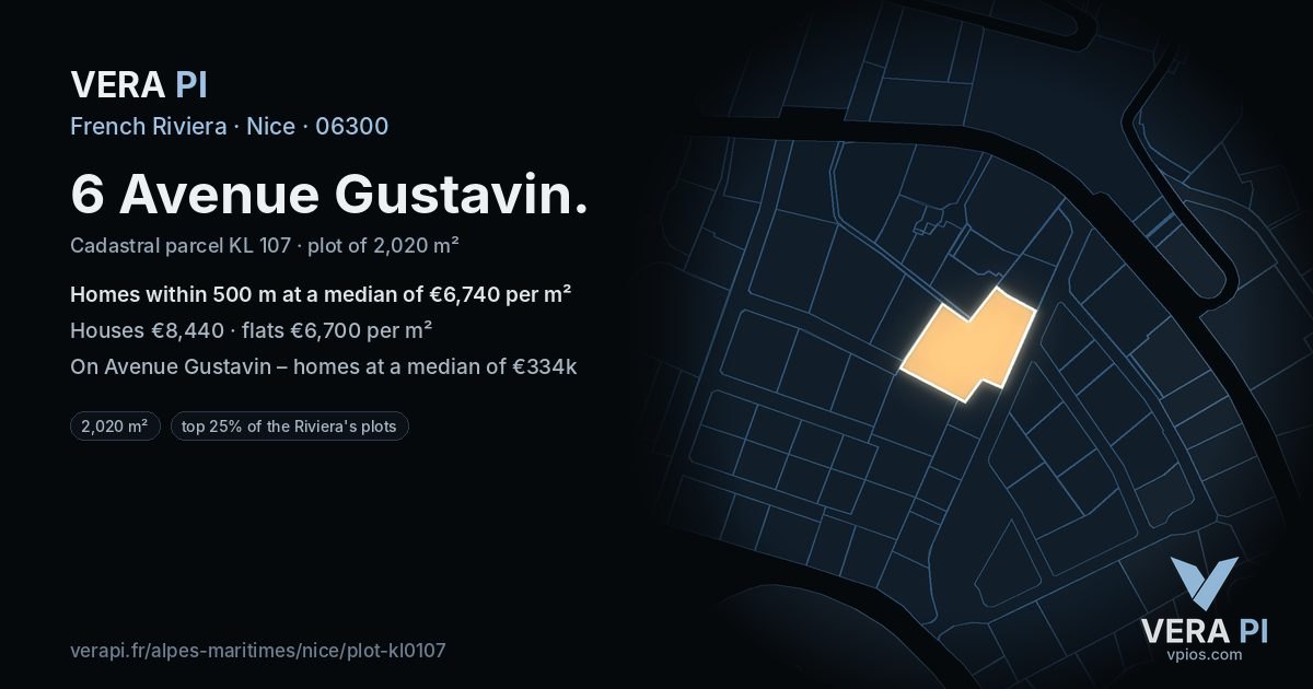 6 Avenue Gustavin, Nice at night – the plot lit, the parcels around coloured by the prices near them