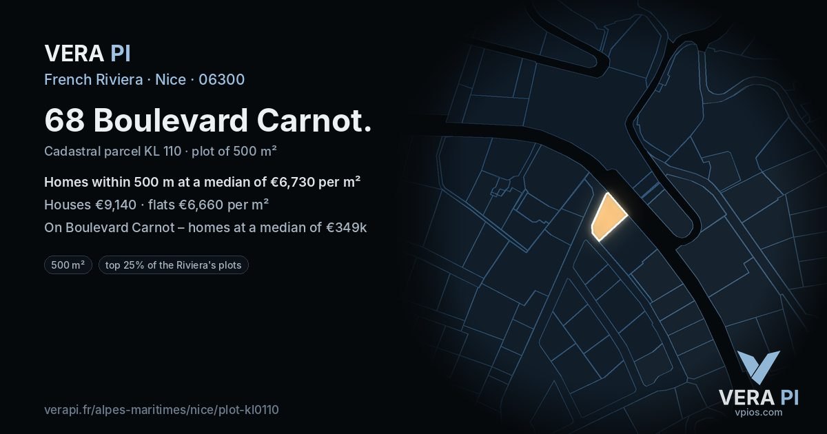 68 Boulevard Carnot, Nice at night – the plot lit, the parcels around coloured by the prices near them