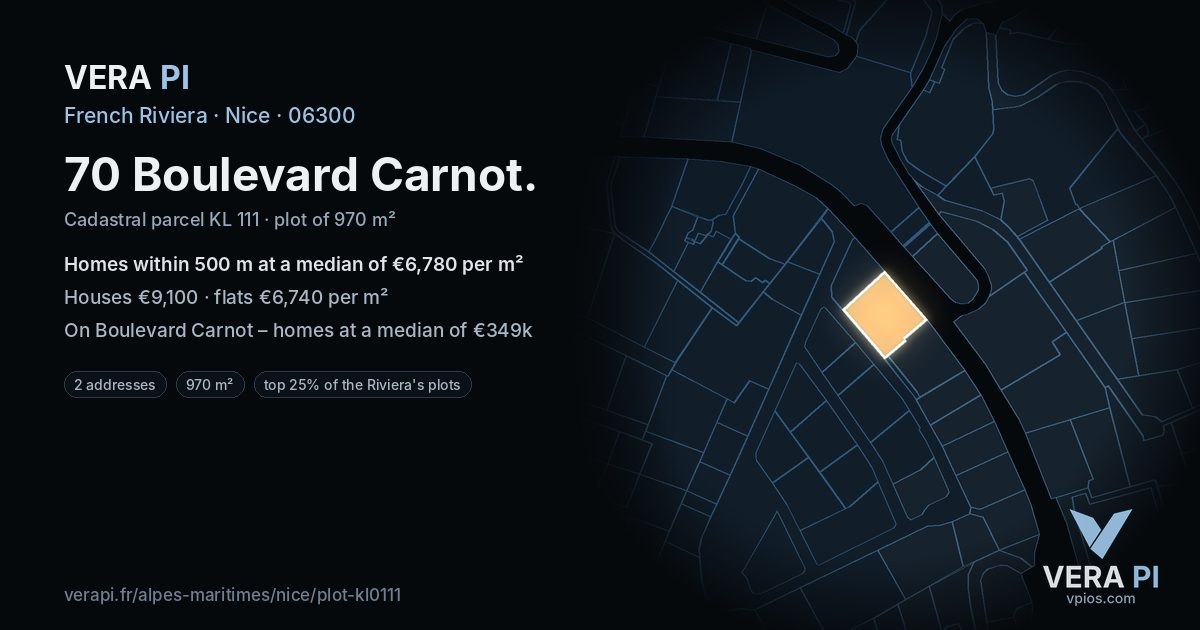 70 Boulevard Carnot, Nice at night – the plot lit, the parcels around coloured by the prices near them
