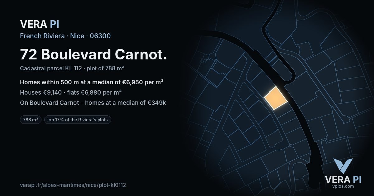 72 Boulevard Carnot, Nice at night – the plot lit, the parcels around coloured by the prices near them