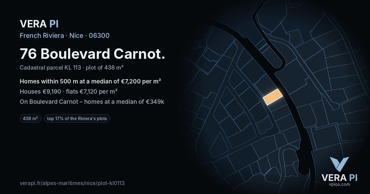 76 Boulevard Carnot, Nice at night – the plot lit, the parcels around coloured by the prices near them