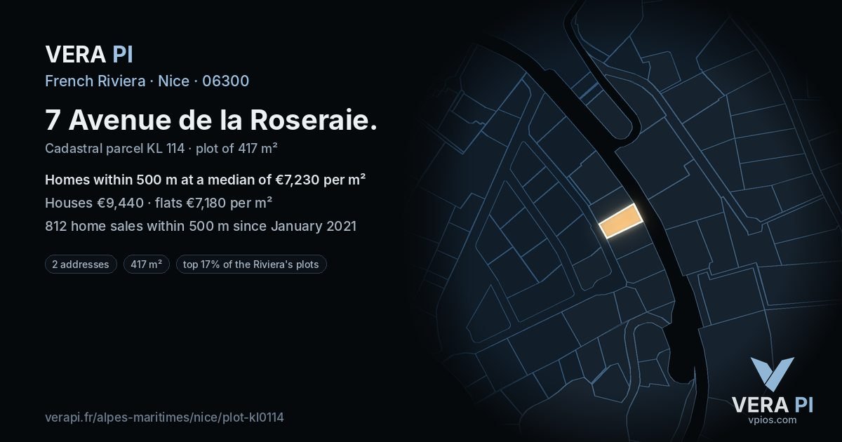 7 Avenue de la Roseraie, Nice at night – the plot lit, the parcels around coloured by the prices near them