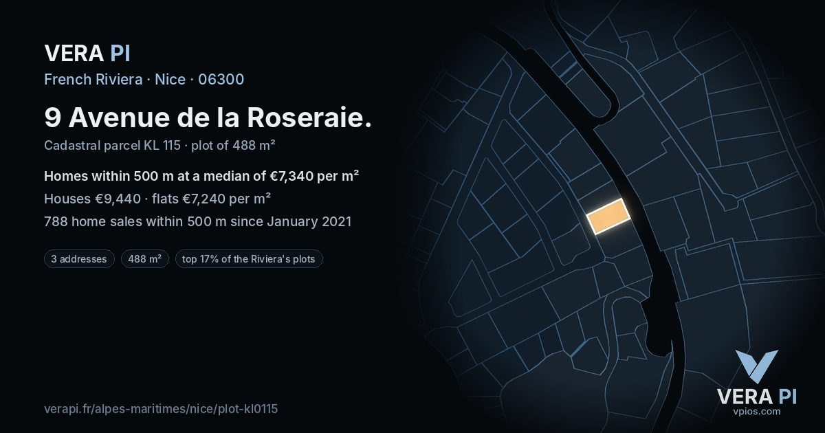 9 Avenue de la Roseraie, Nice at night – the plot lit, the parcels around coloured by the prices near them