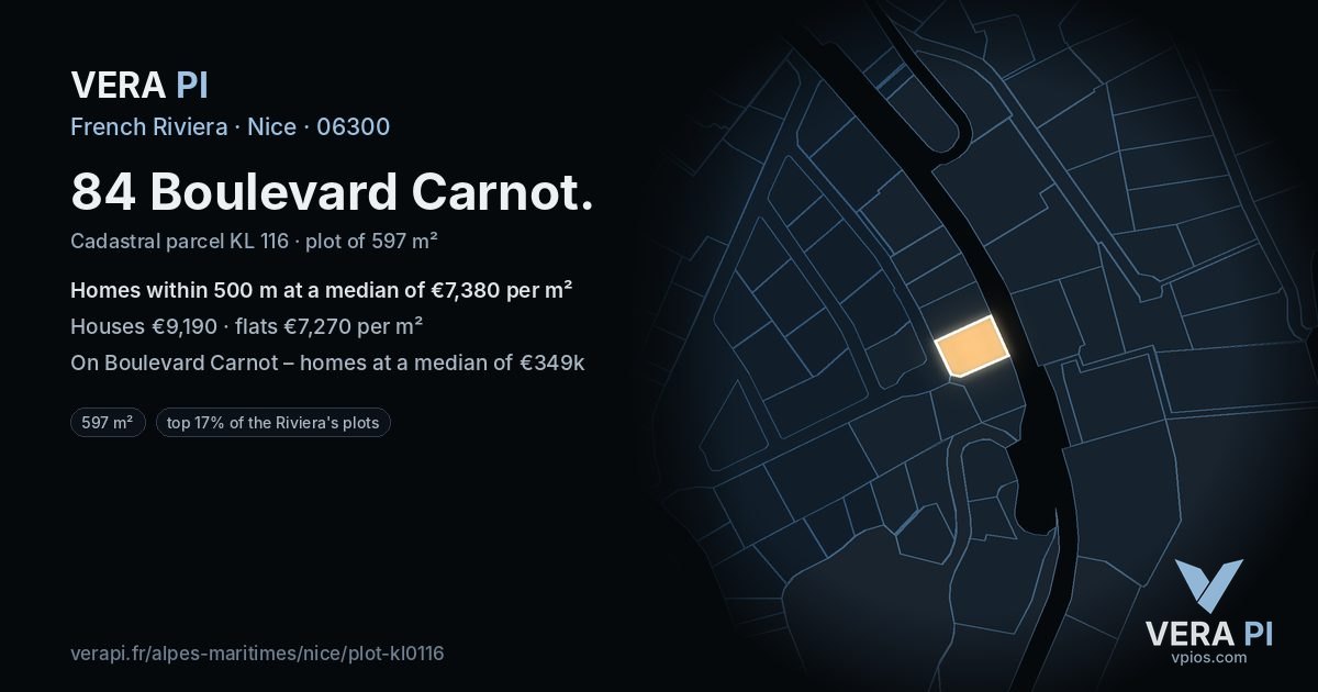 84 Boulevard Carnot, Nice at night – the plot lit, the parcels around coloured by the prices near them