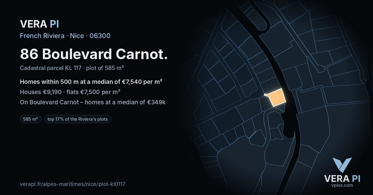 86 Boulevard Carnot, Nice at night – the plot lit, the parcels around coloured by the prices near them