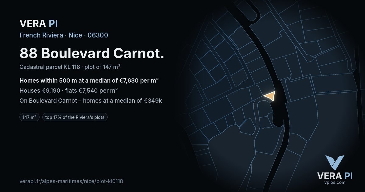 88 Boulevard Carnot, Nice at night – the plot lit, the parcels around coloured by the prices near them