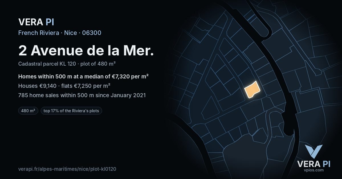 2 Avenue de la Mer, Nice at night – the plot lit, the parcels around coloured by the prices near them