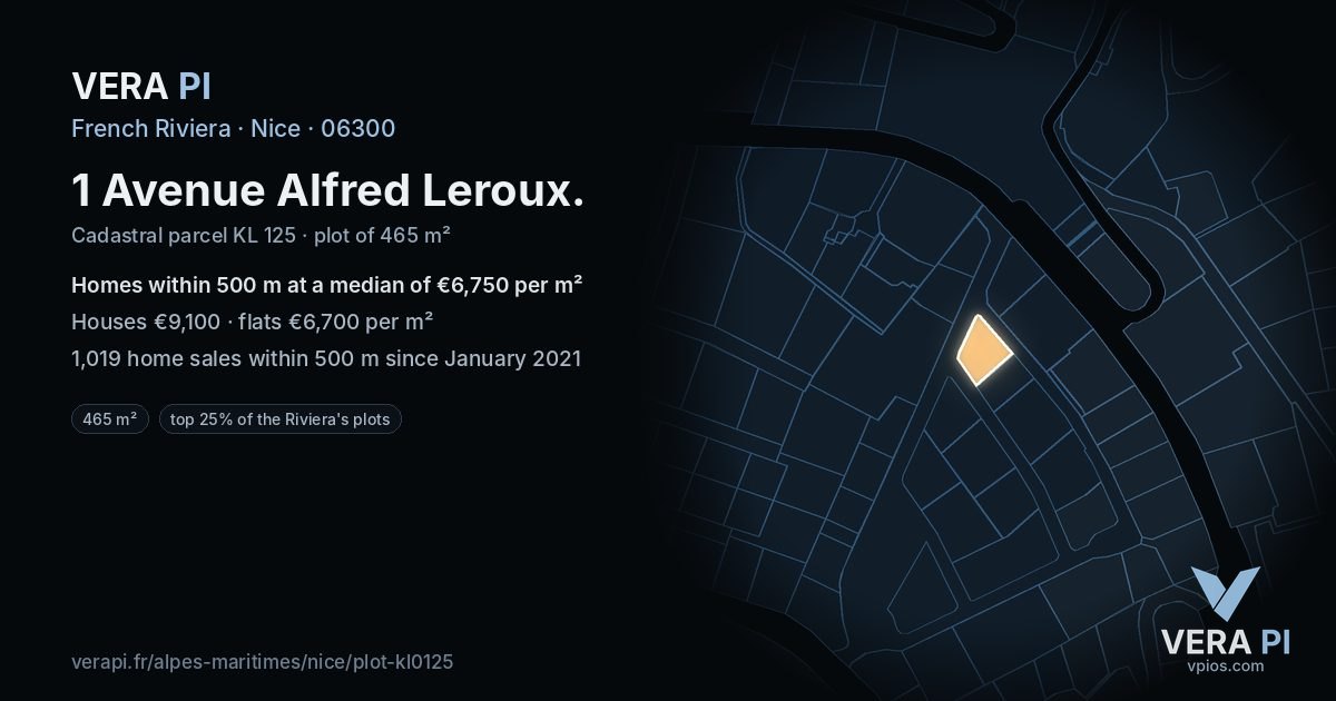 1 Avenue Alfred Leroux, Nice at night – the plot lit, the parcels around coloured by the prices near them
