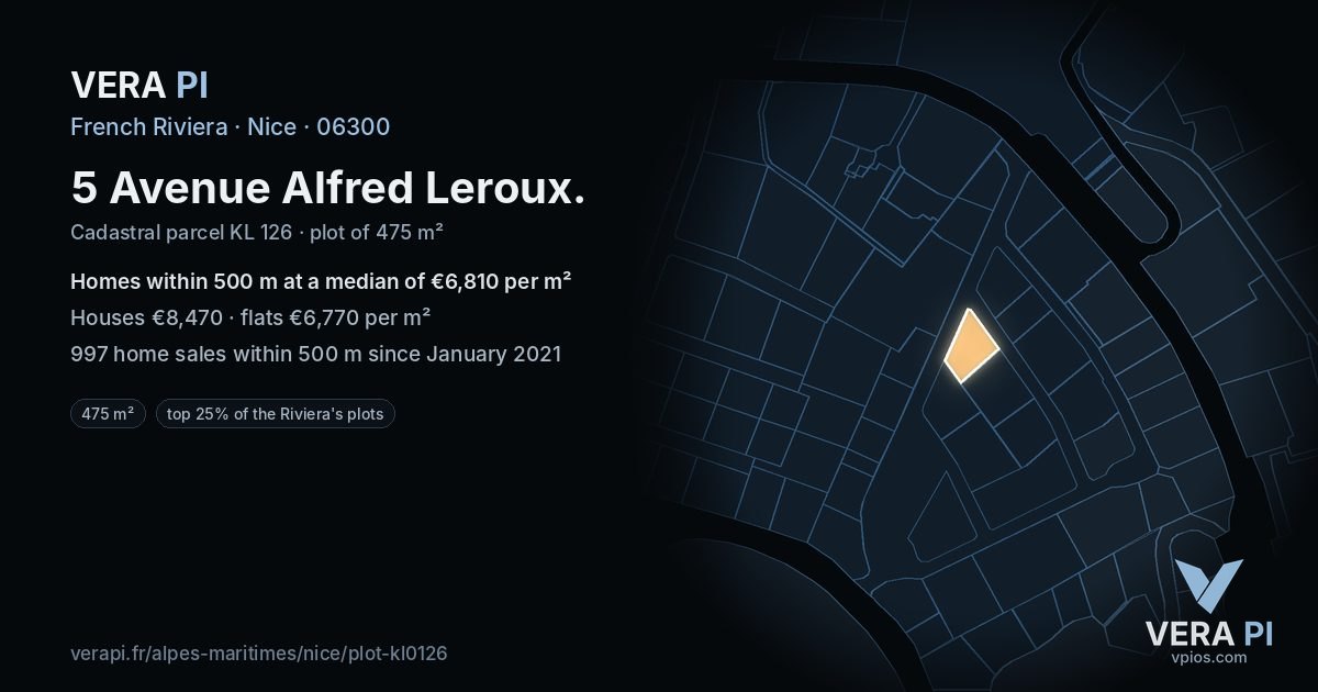 5 Avenue Alfred Leroux, Nice at night – the plot lit, the parcels around coloured by the prices near them