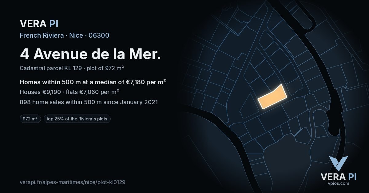 4 Avenue de la Mer, Nice at night – the plot lit, the parcels around coloured by the prices near them