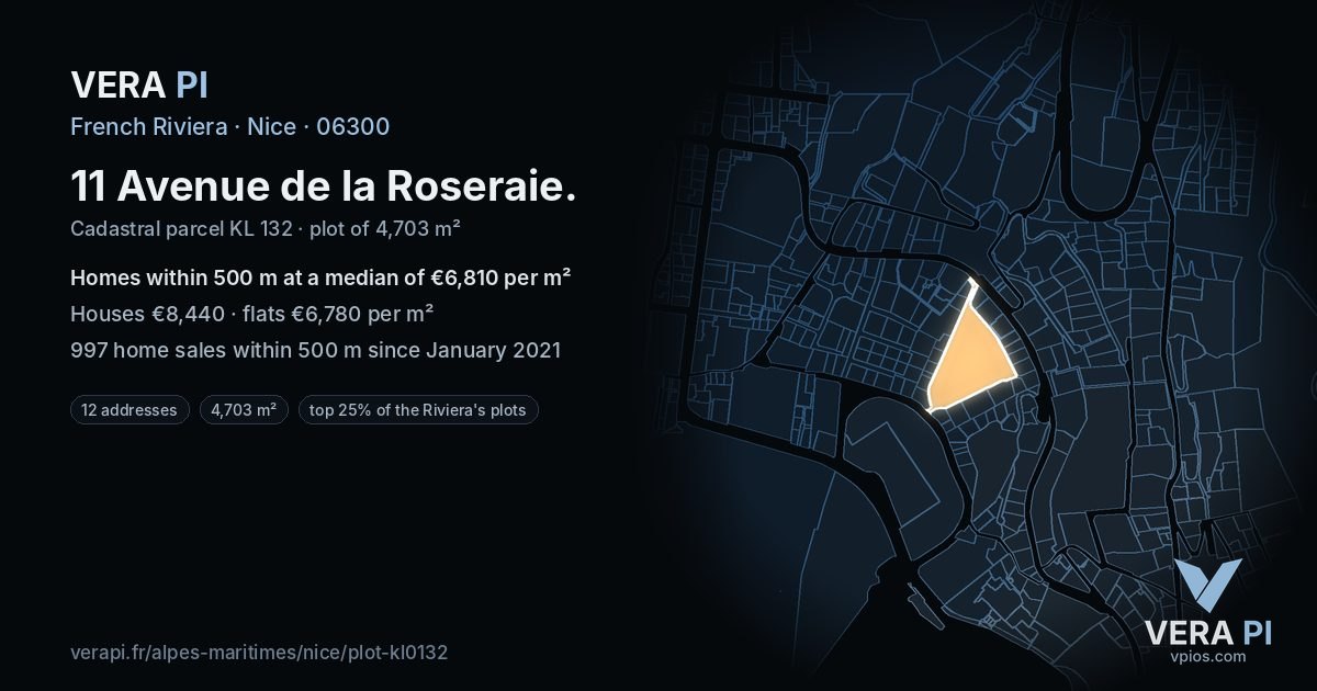 11 Avenue de la Roseraie, Nice at night – the plot lit, the parcels around coloured by the prices near them