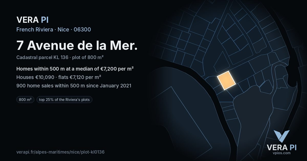 7 Avenue de la Mer, Nice at night – the plot lit, the parcels around coloured by the prices near them