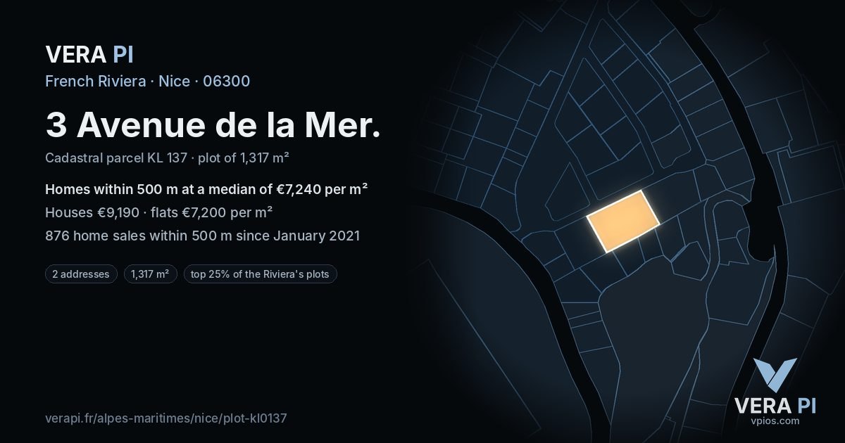 3 Avenue de la Mer, Nice at night – the plot lit, the parcels around coloured by the prices near them