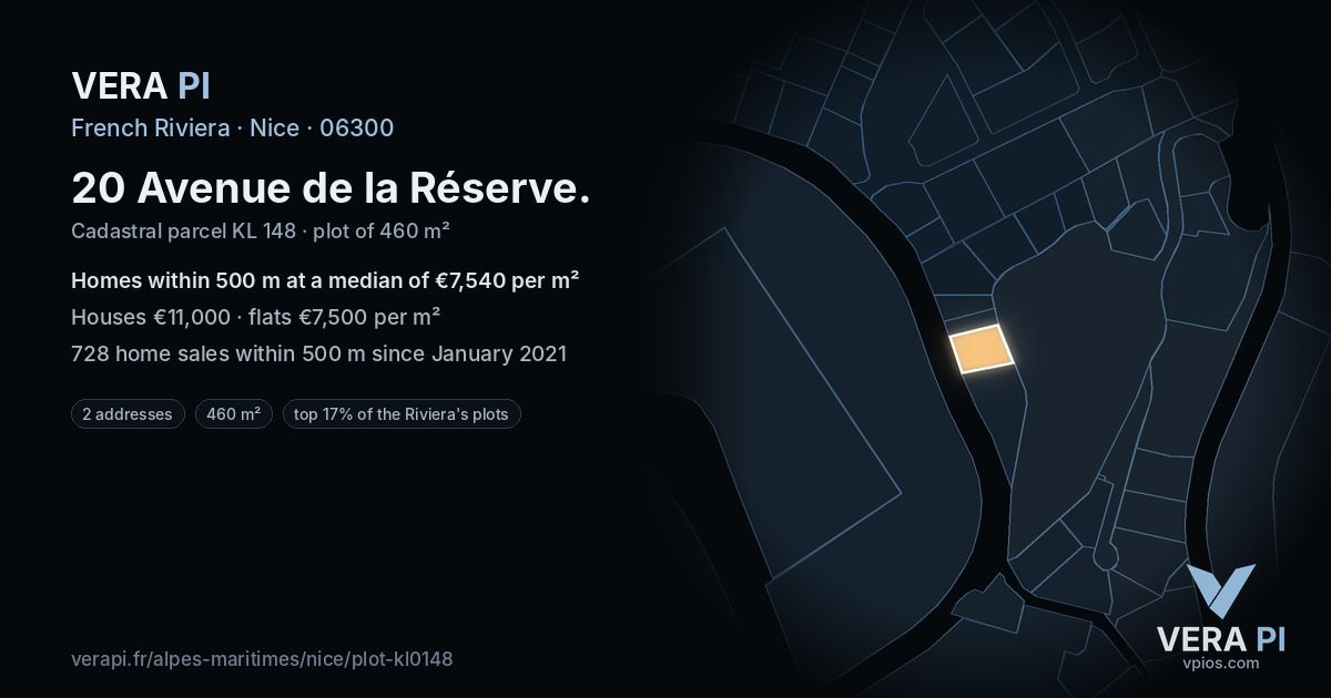 20 Avenue de la Réserve, Nice at night – the plot lit, the parcels around coloured by the prices near them