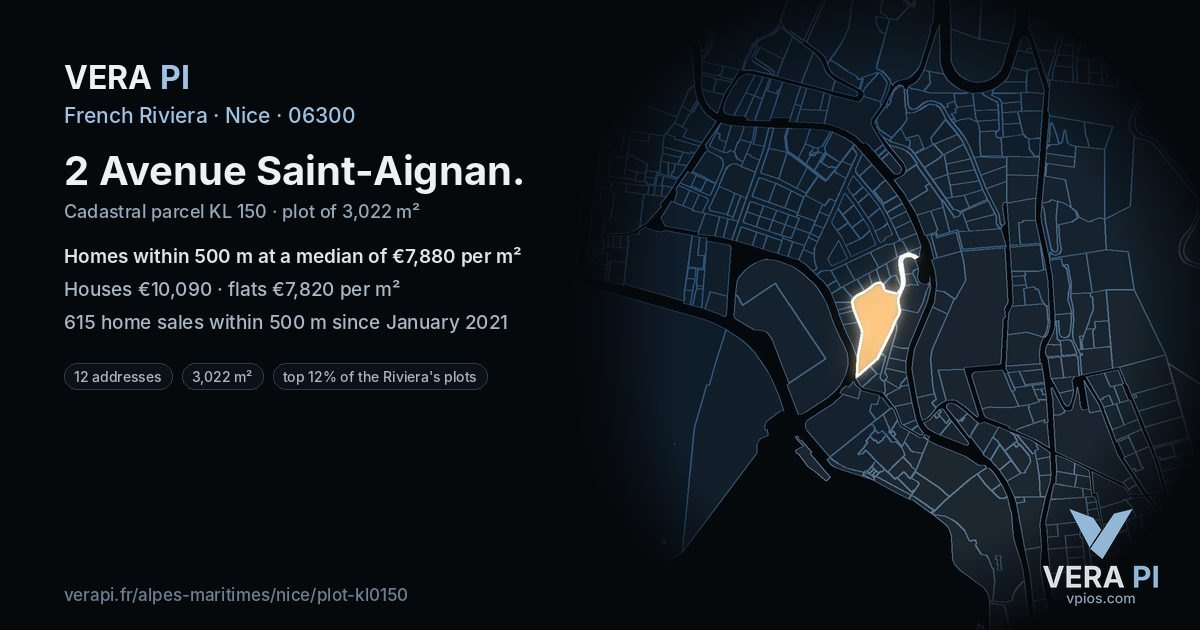2 Avenue Saint-Aignan, Nice at night – the plot lit, the parcels around coloured by the prices near them