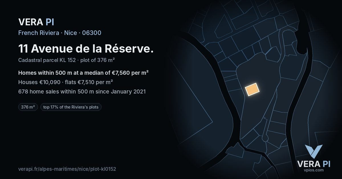 11 Avenue de la Réserve, Nice at night – the plot lit, the parcels around coloured by the prices near them