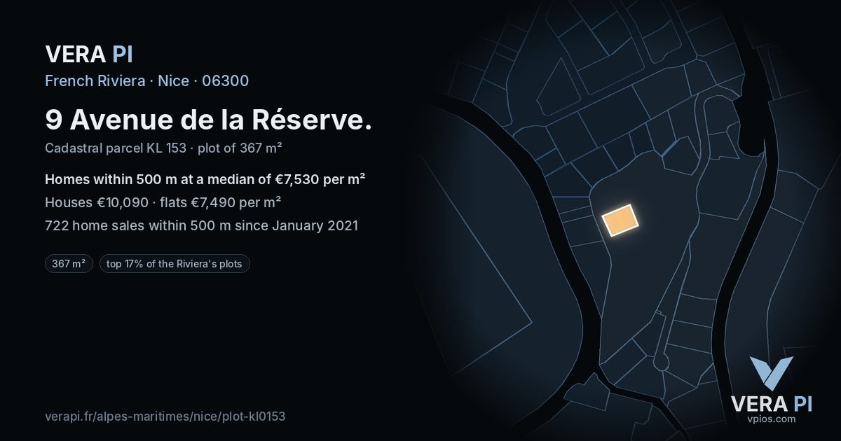 9 Avenue de la Réserve, Nice at night – the plot lit, the parcels around coloured by the prices near them