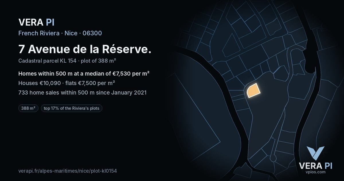 7 Avenue de la Réserve, Nice at night – the plot lit, the parcels around coloured by the prices near them