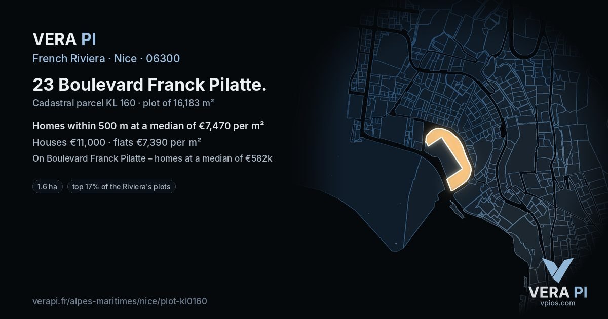 23 Boulevard Franck Pilatte, Nice at night – the plot lit, the parcels around coloured by the prices near them
