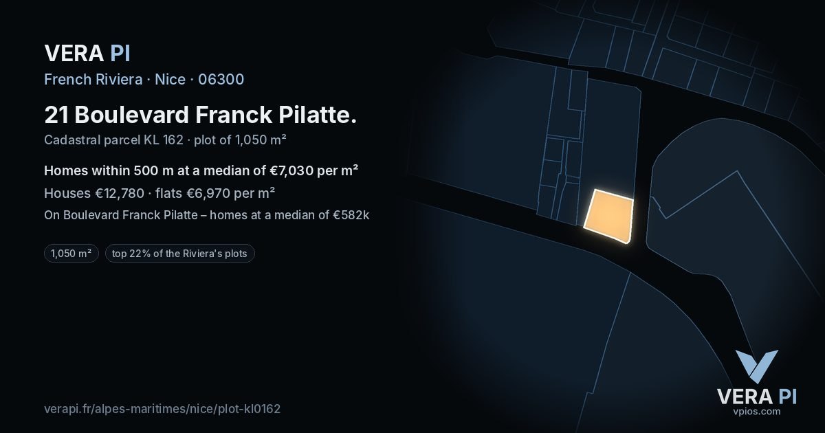 21 Boulevard Franck Pilatte, Nice at night – the plot lit, the parcels around coloured by the prices near them