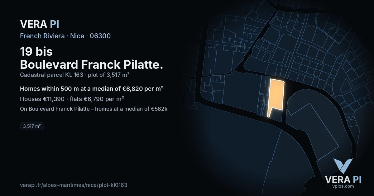 19 bis Boulevard Franck Pilatte, Nice at night – the plot lit, the parcels around coloured by the prices near them