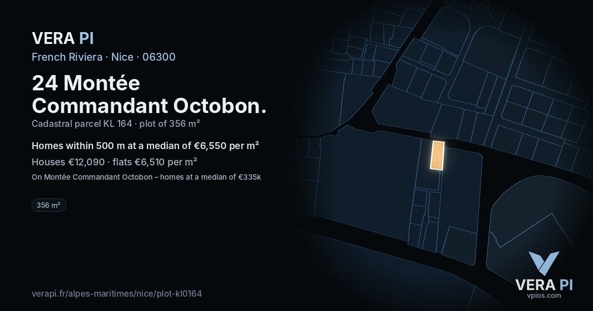 24 Montée Commandant Octobon, Nice at night – the plot lit, the parcels around coloured by the prices near them