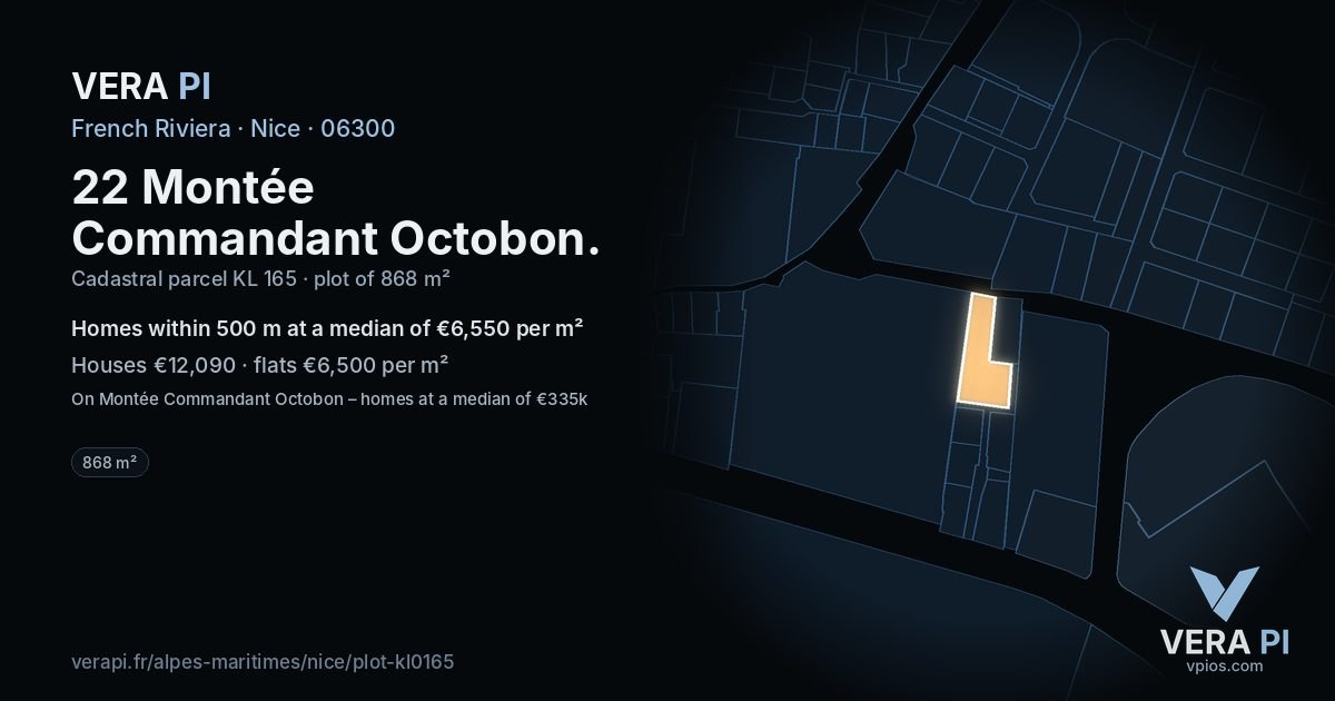 22 Montée Commandant Octobon, Nice at night – the plot lit, the parcels around coloured by the prices near them