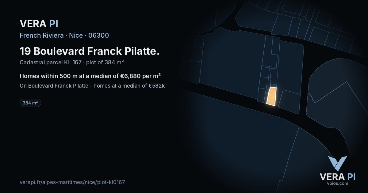 19 Boulevard Franck Pilatte, Nice at night – the plot lit, the parcels around coloured by the prices near them