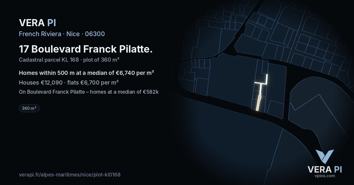 17 Boulevard Franck Pilatte, Nice at night – the plot lit, the parcels around coloured by the prices near them