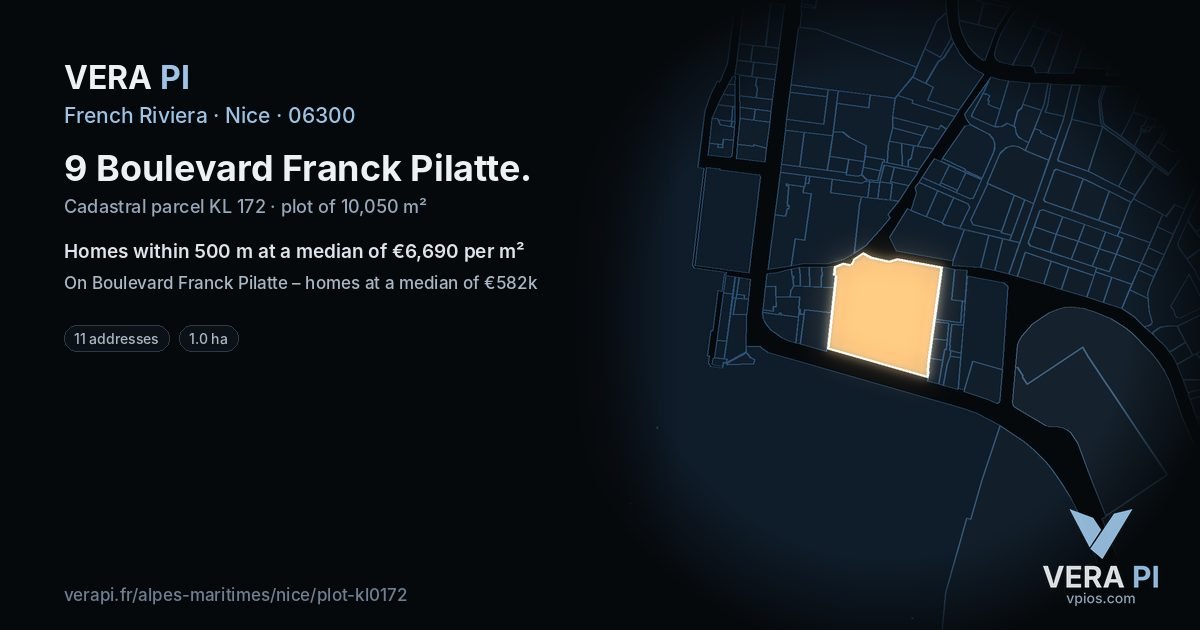9 Boulevard Franck Pilatte, Nice at night – the plot lit, the parcels around coloured by the prices near them