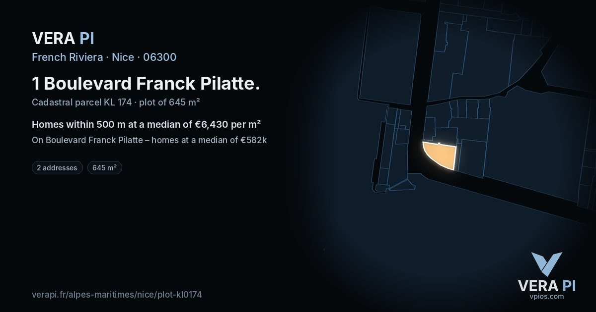 1 Boulevard Franck Pilatte, Nice at night – the plot lit, the parcels around coloured by the prices near them