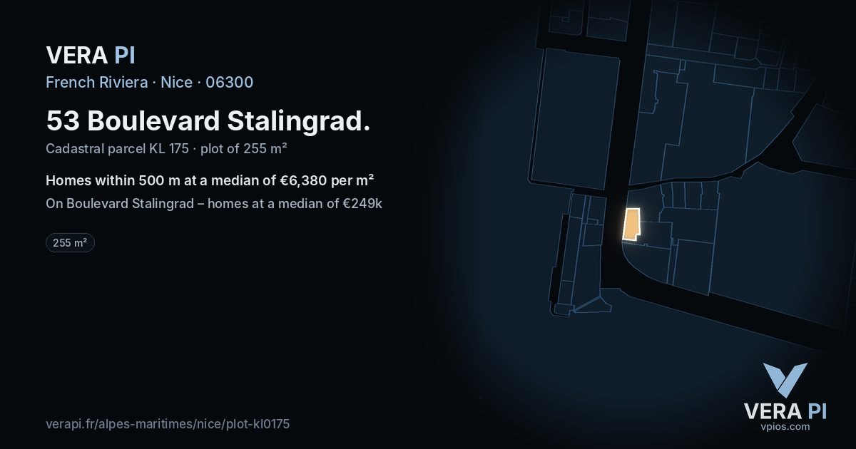 53 Boulevard Stalingrad, Nice at night – the plot lit, the parcels around coloured by the prices near them