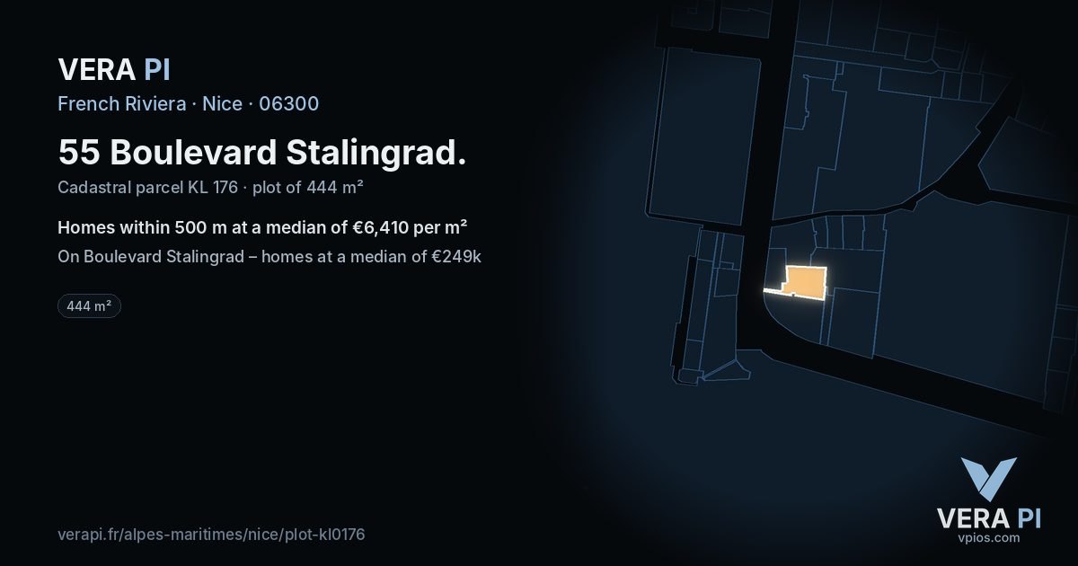 55 Boulevard Stalingrad, Nice at night – the plot lit, the parcels around coloured by the prices near them