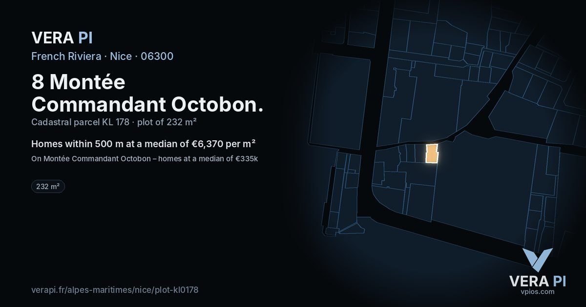 8 Montée Commandant Octobon, Nice at night – the plot lit, the parcels around coloured by the prices near them