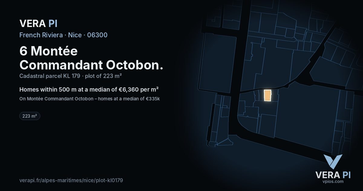6 Montée Commandant Octobon, Nice at night – the plot lit, the parcels around coloured by the prices near them