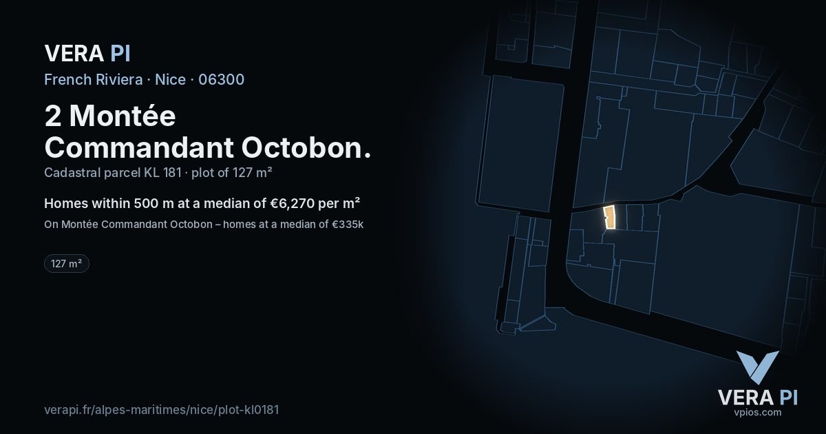 2 Montée Commandant Octobon, Nice at night – the plot lit, the parcels around coloured by the prices near them