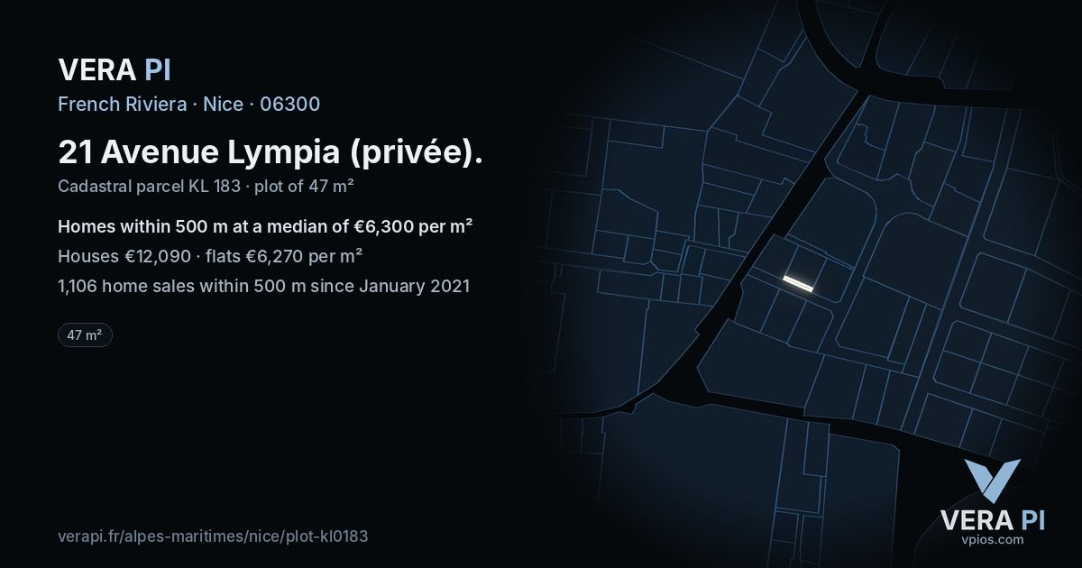 21 Avenue Lympia (privée), Nice at night – the plot lit, the parcels around coloured by the prices near them